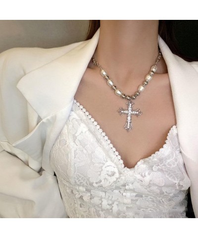 Cross Pearl Necklace for Women,Gothic Cross Pendant Necklace Cubic Zirconia Pearl Chain Beads Necklace Vintage Cross Pearl Mu...