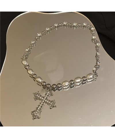 Cross Pearl Necklace for Women,Gothic Cross Pendant Necklace Cubic Zirconia Pearl Chain Beads Necklace Vintage Cross Pearl Mu...