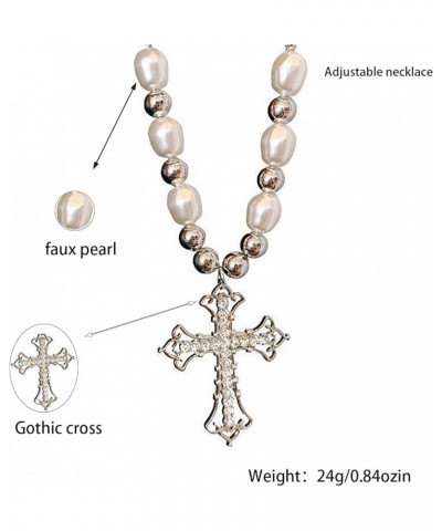 Cross Pearl Necklace for Women,Gothic Cross Pendant Necklace Cubic Zirconia Pearl Chain Beads Necklace Vintage Cross Pearl Mu...