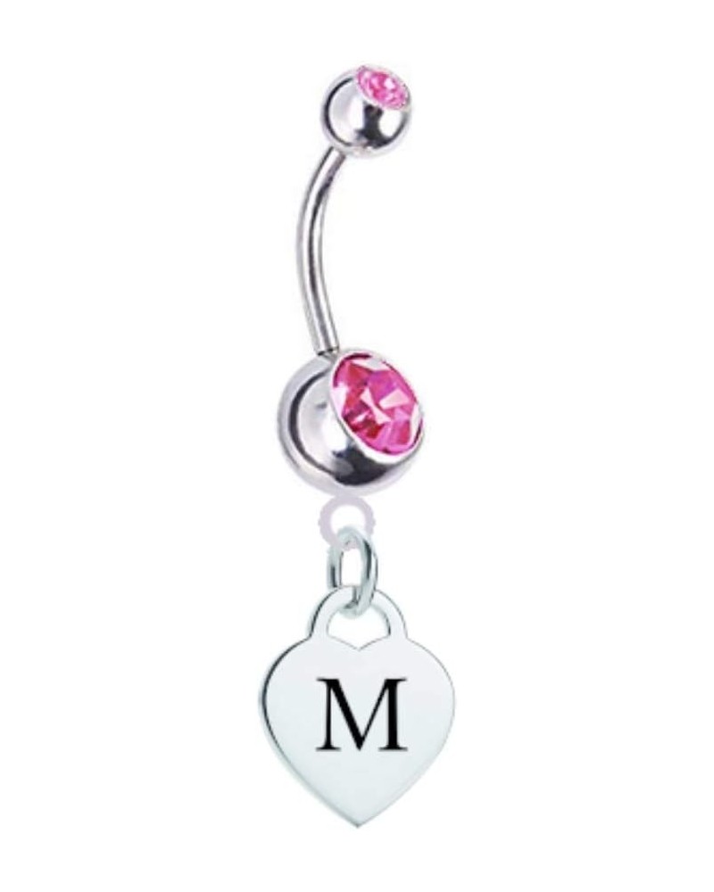 Letter M Silver Heart with Pink CZ Crystal Silver Belly Button Ring $11.87 Body Jewelry