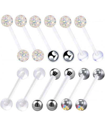 12pc Flexible Acrylic Bar Coated CZ Crystal Ball Barbell Tongue Ring Stud Nipple Body Piercing Jewelry Set Colorful Suitable ...