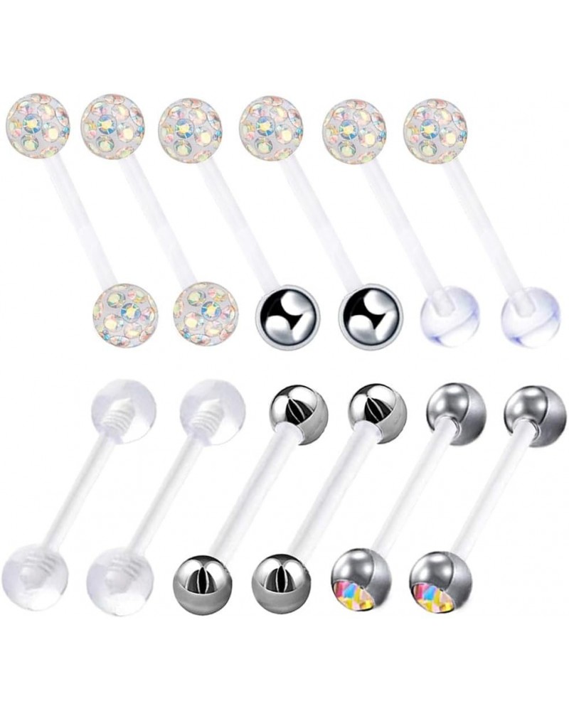 12pc Flexible Acrylic Bar Coated CZ Crystal Ball Barbell Tongue Ring Stud Nipple Body Piercing Jewelry Set Colorful Suitable ...