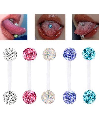 12pc Flexible Acrylic Bar Coated CZ Crystal Ball Barbell Tongue Ring Stud Nipple Body Piercing Jewelry Set Colorful Suitable ...