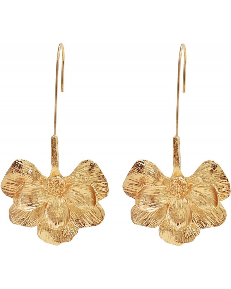 Gold Plated Long Flower Dangle Drop Earrings for Women Girls Bohemian Unique Chic 3D Hawaiian Lotus Floral Petal Carved Geome...