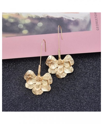 Gold Plated Long Flower Dangle Drop Earrings for Women Girls Bohemian Unique Chic 3D Hawaiian Lotus Floral Petal Carved Geome...