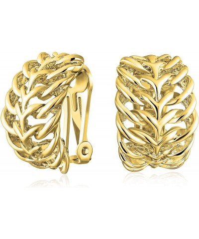 Fashion Open Weave Cable Leaf Feather Wide Half Hoop Clip On Earrings For Women Non Pierced Ears Silver Gold Plated Gold $12....