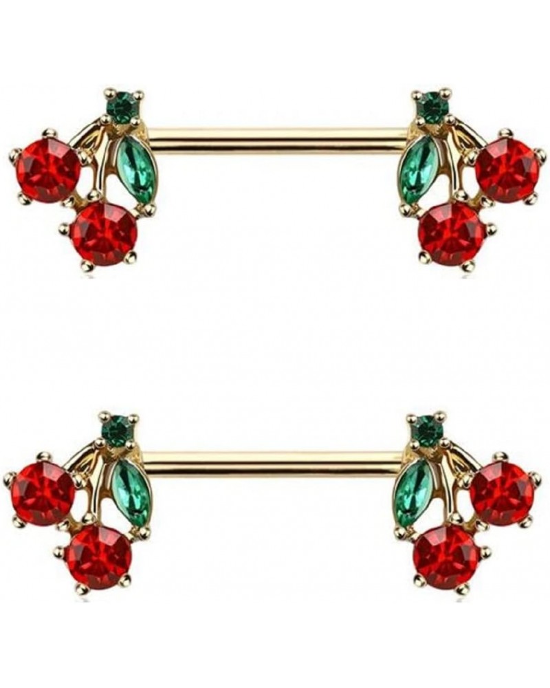 Pair of Pierced CZ Cherry Nipple Piercing Rings Steel Barbells - 14Gn goldtone $9.05 Body Jewelry