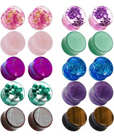 Set Of 10 Pairs Mixed Stone Ear Plugs Ear Gauges Ear Tunnels Double Flare Plugs Expander Body Piercing Jewelry 0g-5/8 in 8mm-...