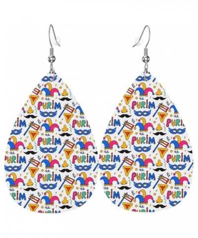 Happy Purim Day Jewish Carnival Earrings For Women Girls Faux Leather Earrings Pendant Teardrop Dangle Drops Earrings $9.16 E...