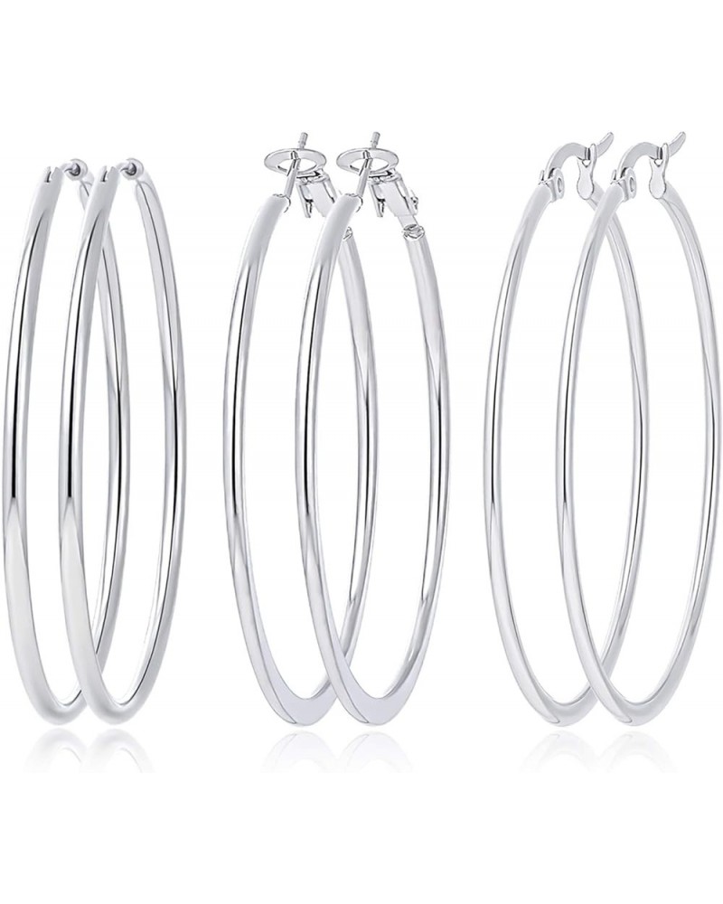 6 Pairs a Set Hoop Earring or 1 Pairs a Set 316L Stainless Steel Hoop Earrings for Women or Girls J2:50MM,3 styles Silver Ton...