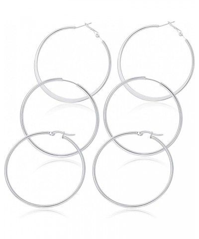 6 Pairs a Set Hoop Earring or 1 Pairs a Set 316L Stainless Steel Hoop Earrings for Women or Girls J2:50MM,3 styles Silver Ton...