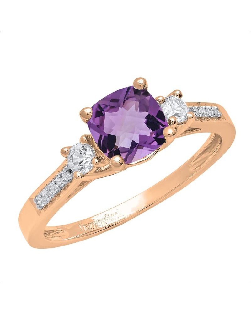 6mm Cushion Amethyst & Round White Sapphire with White Diamond 3 Stone Style Engagement Ring in 10K Gold 7 Rose Gold $95.79 R...