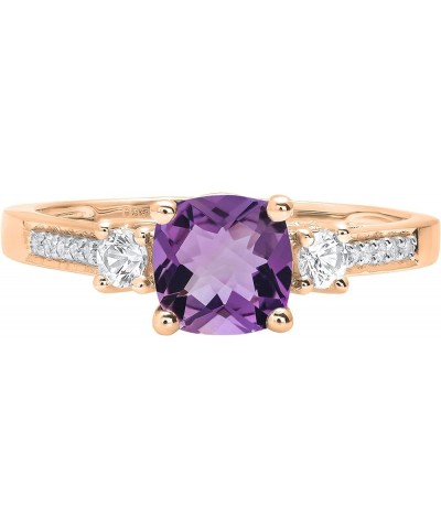 6mm Cushion Amethyst & Round White Sapphire with White Diamond 3 Stone Style Engagement Ring in 10K Gold 7 Rose Gold $95.79 R...