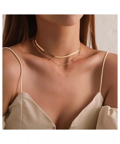 Herringbone Necklace for Women Dainty 14k Gold Snake Chain Necklace Layered Gold Herringbone Double Flat Snake Chain Choker N...