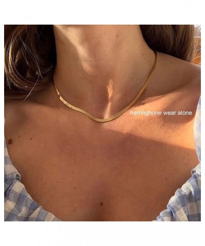 Herringbone Necklace for Women Dainty 14k Gold Snake Chain Necklace Layered Gold Herringbone Double Flat Snake Chain Choker N...