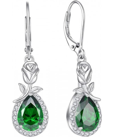 Birthstone Dangle Earrings for Women 925 Sterling Silver Rose Flower Drop Leverback Earrings Jewelry 5-emerald-May $30.00 Ear...