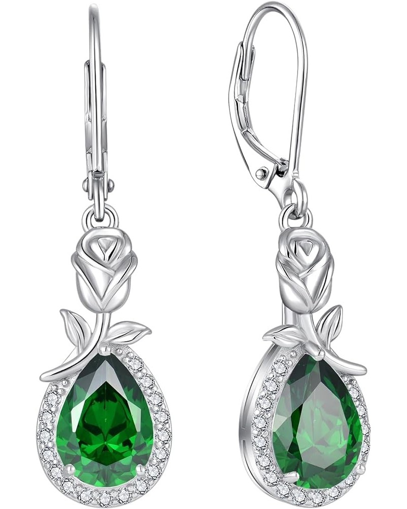 Birthstone Dangle Earrings for Women 925 Sterling Silver Rose Flower Drop Leverback Earrings Jewelry 5-emerald-May $30.00 Ear...