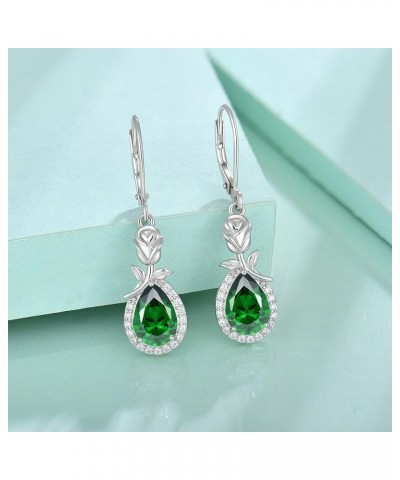 Birthstone Dangle Earrings for Women 925 Sterling Silver Rose Flower Drop Leverback Earrings Jewelry 5-emerald-May $30.00 Ear...