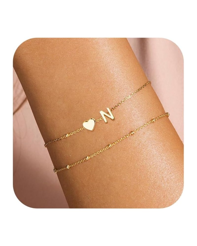 Dainty Initial Heart Gold Bracelets for Women Trendy, 14K Real Gold Letter Charm Bracelet Jewelry Cute Simple Fashion Chain B...