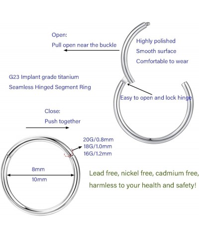 G23 Implant Grade Titanium Hinged Nose Rings Hoop, 16G 18G 20G Diameter 8mm/10mm Titanium Segment Nose Rings,Lip Septum Ring，...