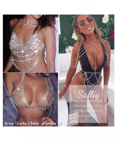 Boho Body Chain Bra Gold Sexy Rhinestone Bikini Bra Body Halter Backless Sequins Chain Bra Beach Body Accessories Jewelry for...