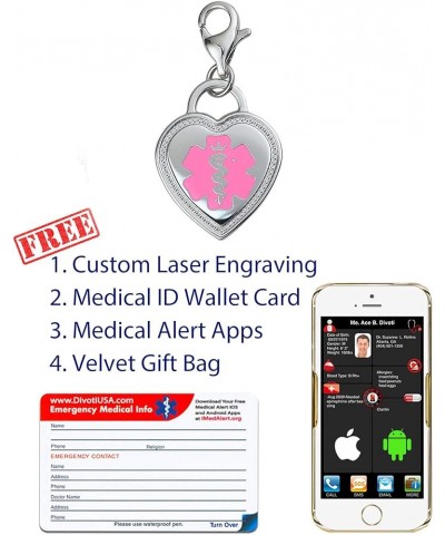 Deep Custom Laser Engraved Premier 316L Medical Alert Charm/Medical ID Charm w/Lobster Clasp Pink $22.05 Bracelets