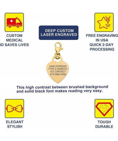 Deep Custom Laser Engraved Adorable Heart PVD 316L Medical Alert Charm w/Lobster Clasp with Free Engraving Gold $19.39 Bracelets