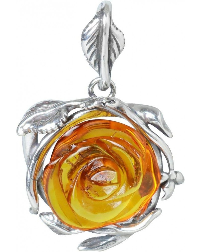 Amber Jewelry for Women - GIA Certified Sterling Silver and Baltic Amber Pendant Rose, Includes 925 Sterling Silver Chain - S...