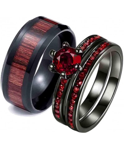 Couple Rings Black Plated Round cut Blue Cz Womens Wedding Ring Sets Stainless Steel Men Wedding Band Red Men size10 $9.40 Br...