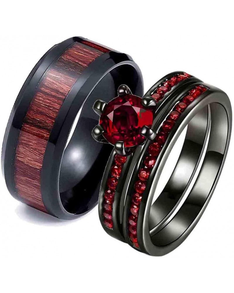 Couple Rings Black Plated Round cut Blue Cz Womens Wedding Ring Sets Stainless Steel Men Wedding Band Red Men size10 $9.40 Br...