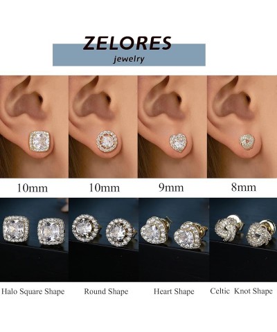 4 Pairs Sterling Silver CZ Stud Earrings for Women 14K Gold Plated Brilliant Celtic Heart Big Stud Earrings Set Cubic Zirconi...