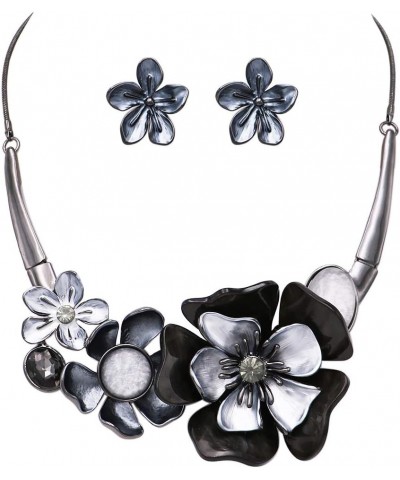 Women's Stunning Enamel and Lucite 3D Flower Collar Necklace and Earrings Jewelry Gift Set, 14"+3.5" Extension Hematite/Gray ...