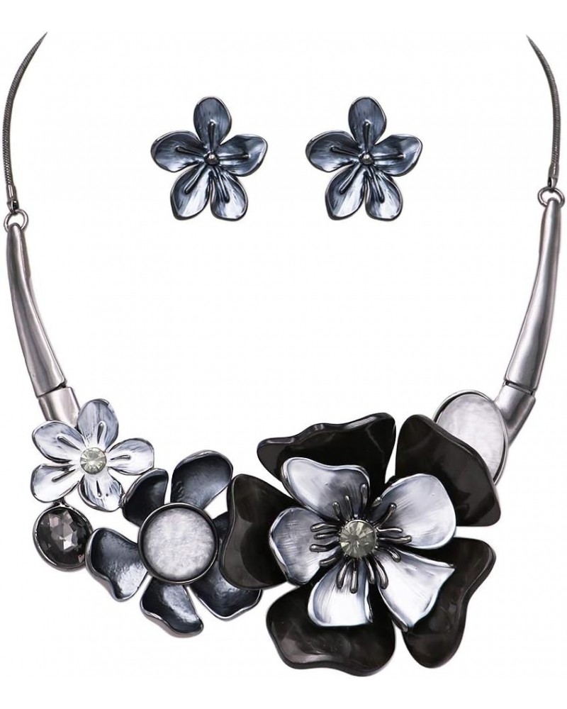 Women's Stunning Enamel and Lucite 3D Flower Collar Necklace and Earrings Jewelry Gift Set, 14"+3.5" Extension Hematite/Gray ...