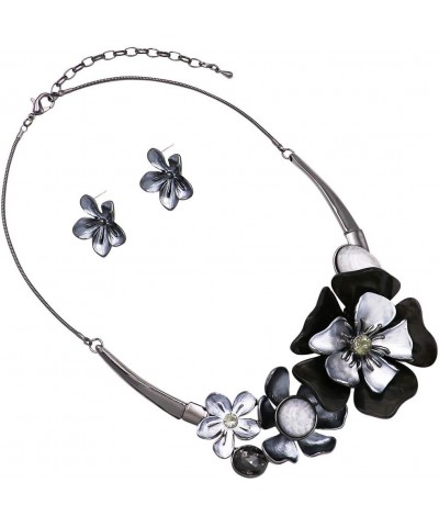 Women's Stunning Enamel and Lucite 3D Flower Collar Necklace and Earrings Jewelry Gift Set, 14"+3.5" Extension Hematite/Gray ...