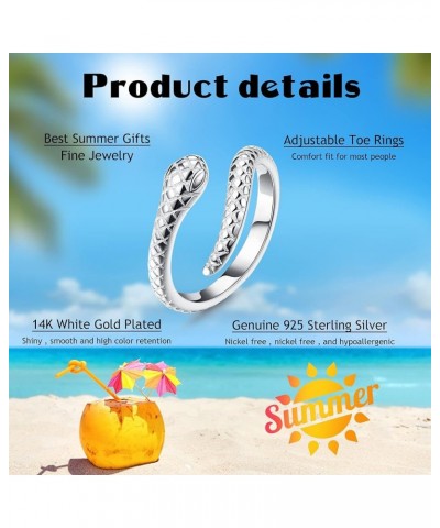 925 Sterling Silver Toe Rings for Women Adjustable 14K White Gold Plated Flower Cz Snake Twist Opal Band Rings Summer Beach O...