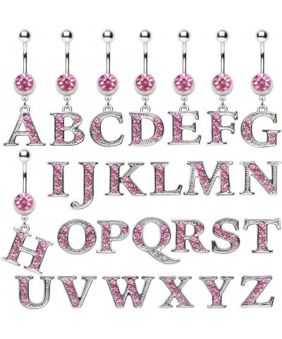 316L Navel Ring with Pink Gemmed Alphabet Initial Letter Dangle //Choose Letter// K $7.64 Body Jewelry