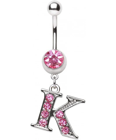 316L Navel Ring with Pink Gemmed Alphabet Initial Letter Dangle //Choose Letter// K $7.64 Body Jewelry