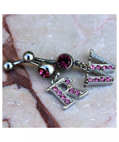 316L Navel Ring with Pink Gemmed Alphabet Initial Letter Dangle //Choose Letter// K $7.64 Body Jewelry