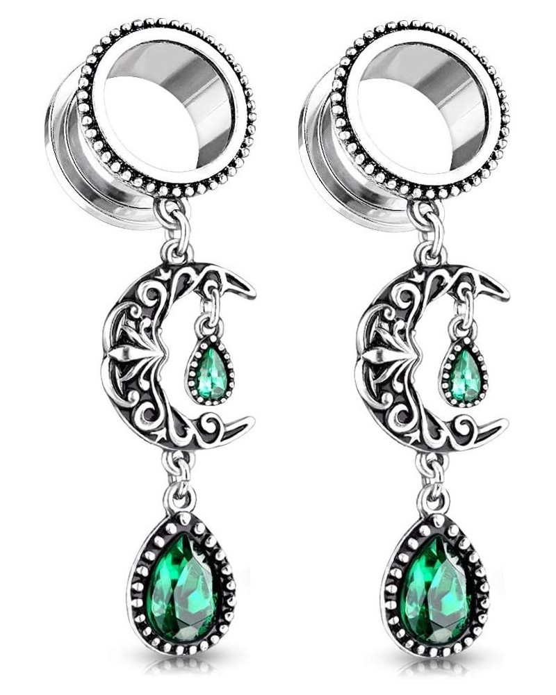 Vintage Filigree Moon Dangling Vibrant Green Stone Set Flesh Tunnel Plugs, Sold as Pair 10mm (00GA) $11.74 Body Jewelry