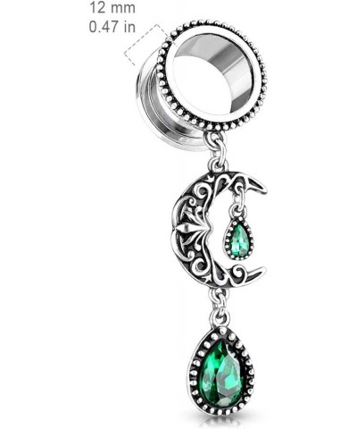 Vintage Filigree Moon Dangling Vibrant Green Stone Set Flesh Tunnel Plugs, Sold as Pair 10mm (00GA) $11.74 Body Jewelry