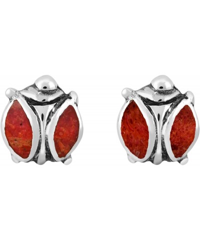 Cute Inlaid Red Coral Wings Of Tiny Ladybug .925 Sterling Silver Stud Earrings | Casual Sterling Silver Stud Earring for wome...