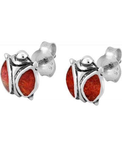 Cute Inlaid Red Coral Wings Of Tiny Ladybug .925 Sterling Silver Stud Earrings | Casual Sterling Silver Stud Earring for wome...