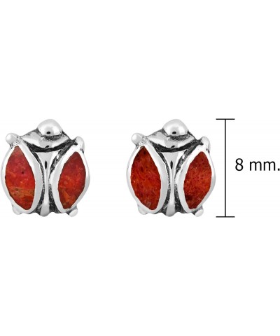 Cute Inlaid Red Coral Wings Of Tiny Ladybug .925 Sterling Silver Stud Earrings | Casual Sterling Silver Stud Earring for wome...