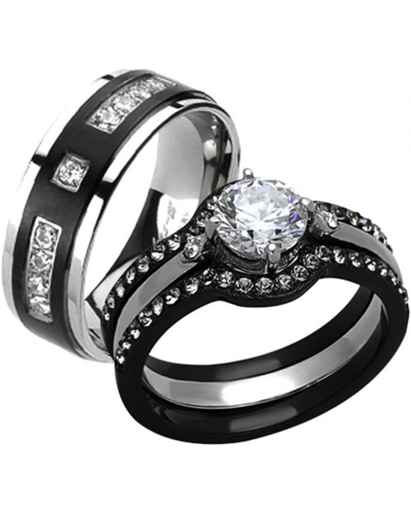 His and Her 4 Piece Black and Silver Stainless Steel and Titanium Wedding Ring Band Set Size Women's 10 Men's 08 $20.91 Sets