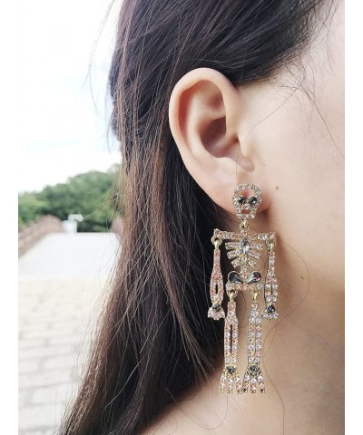 Women Girls Halloween Crystal Skeleton Dangle Earrings, Bling Rhinestone Skull Earrings Gothic Skull Dangle Earrings Set (1)C...