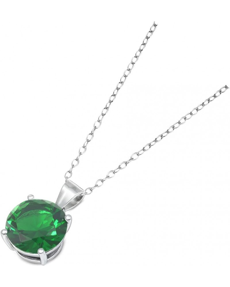 Solitaire Round-Cut Simulated CZ Pendant Necklace 8mm 925 Sterling Silver Adjustable Cable Chain 18" + 2" ext Simulated Emera...