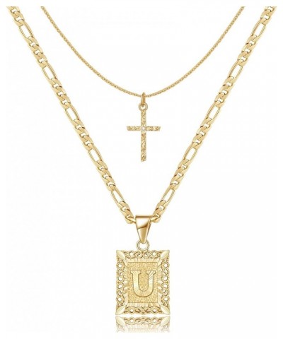 Gold Layered Initial Cross Necklace, 14K Gold Plated Layering Square Letter Pendant Figaro Chain Cross Choker from A-Z Capita...