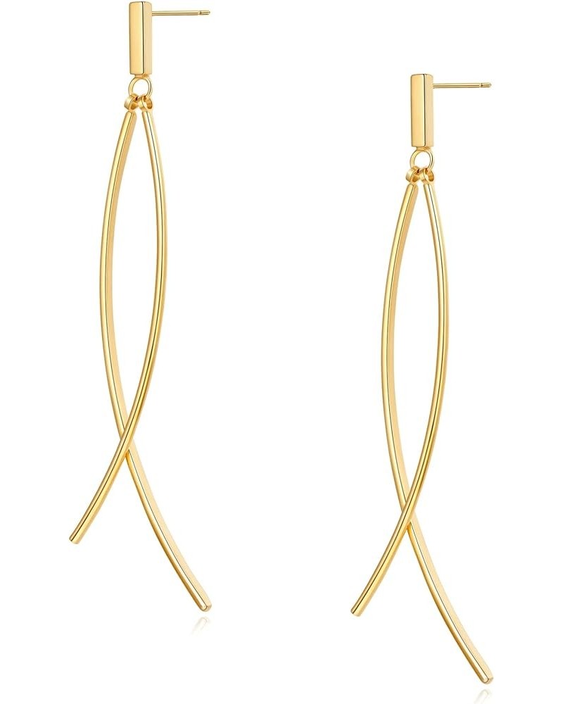 Long Dangle Earrings For Women,2 Pieces Thin Curved Metal Bar And One Short Bar With A Post On The Top Gold $10.59 Earrings