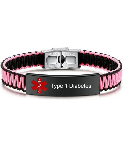 Diabetes Medical Alert ID Bracelet for Women | Handmade Nylon Braided Medical Alert Bracelet for Men, Adjustable Pink band Re...