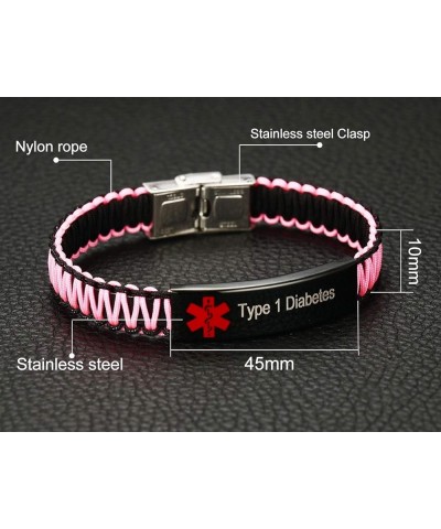 Diabetes Medical Alert ID Bracelet for Women | Handmade Nylon Braided Medical Alert Bracelet for Men, Adjustable Pink band Re...